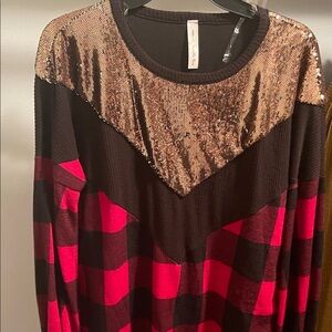 Vanilla Bay Black and Red Plaid Top with Gold Sequins